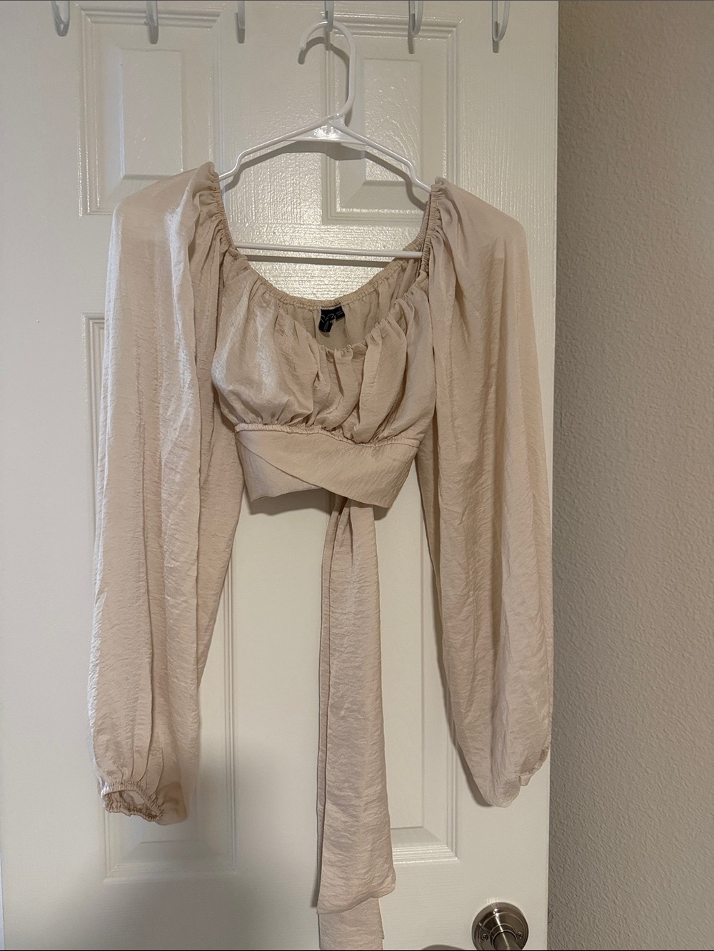 Windsor Light Beige Long Sleeve Tie-Front Crop Top